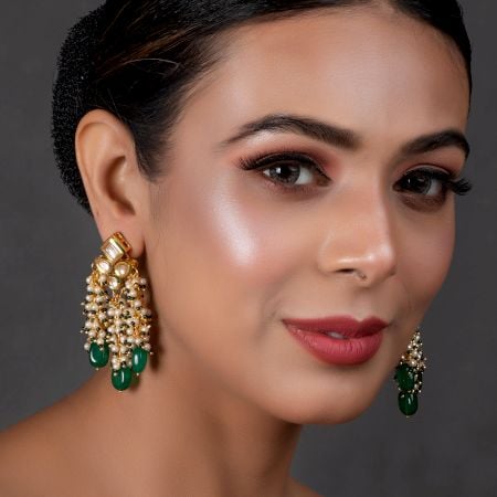 Mirror Cluster Tassel Earrings with Pearl & Green Beads Pair